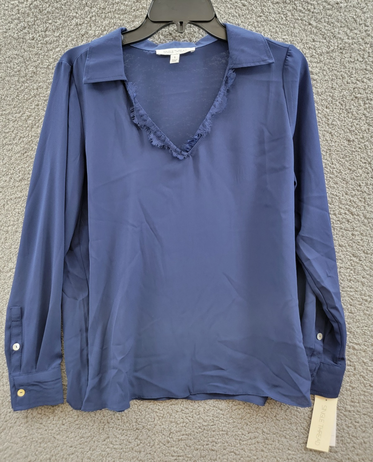 Single Thread Lace Trim Collared Blouse Women's S Peacoat Long Sleeve Pullover - Picture 2 of 17