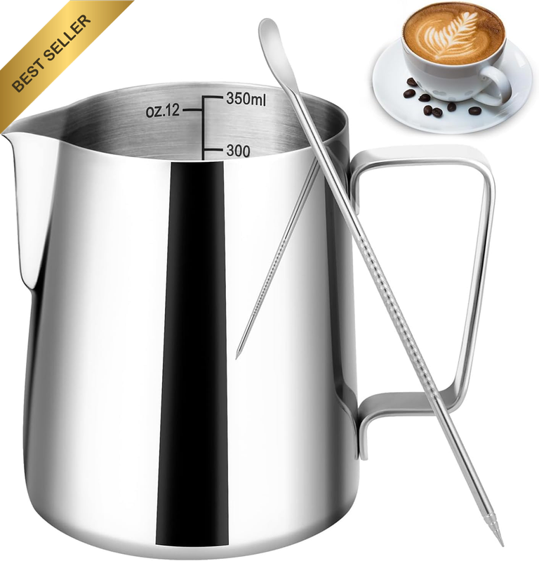 Milk Frothing Pitcher, 12Oz/350Ml Milk Frother Cup with Clear Scale, 304 Stainle