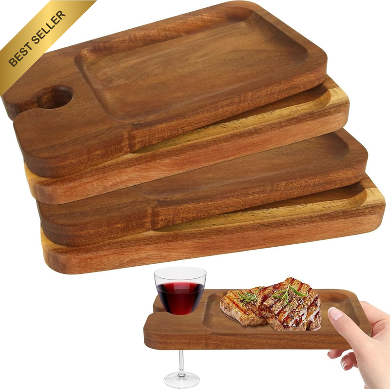 Set of 4 Wine Appetizer Serving Board, Home Decor, Rectangular Wooden, Acacia Wo