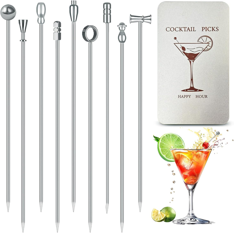 9PCS Stainless Steel Martini Cocktail Picks Olive Skewers Reus...