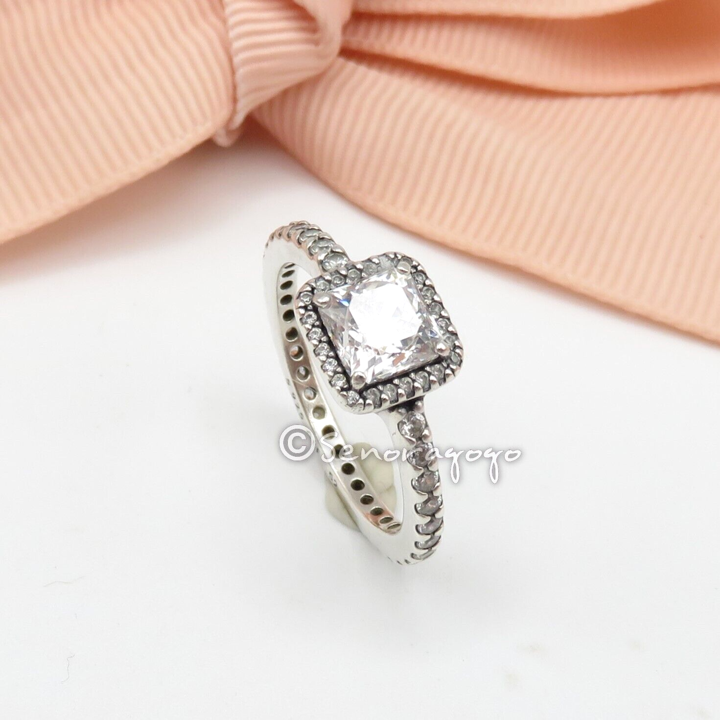 Like New PANDORA Square Sparkle Halo Ring #198863C01 Silver