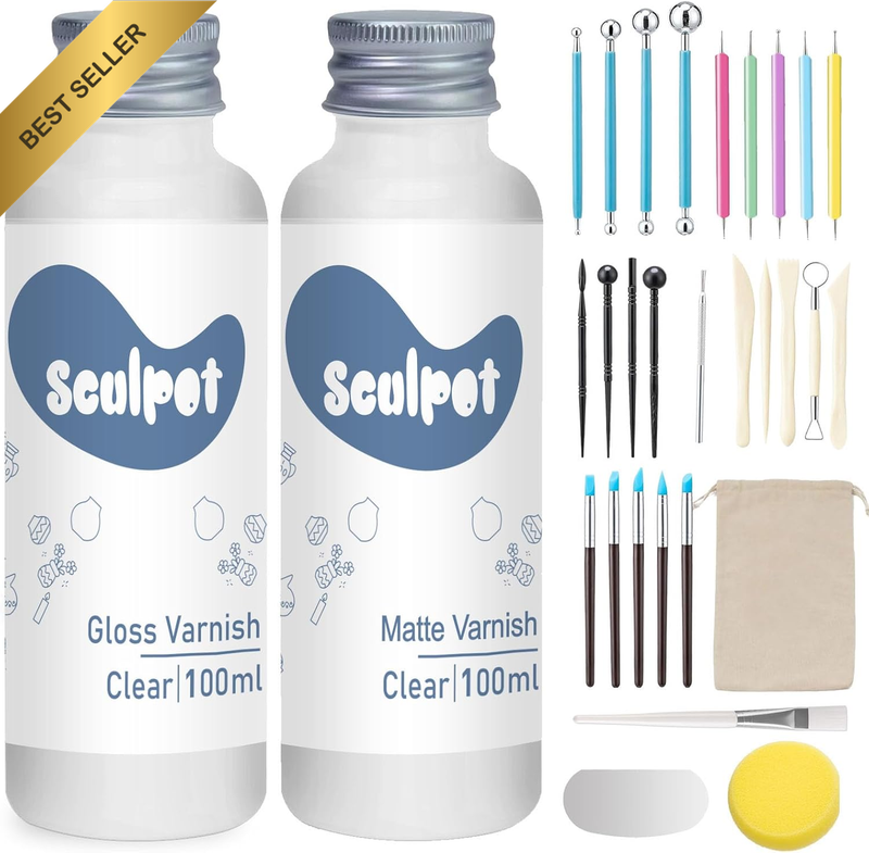 Air Dry Clay Glaze & Tool Kit - 30 Pcs, 100ml Gloss/Matte Varnish, Sculpting