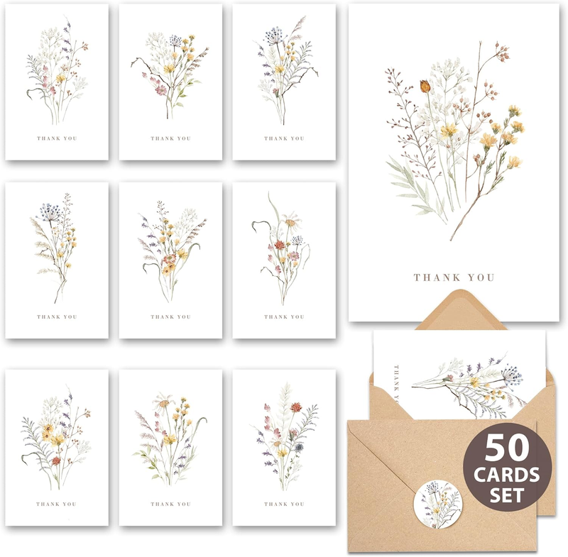 Wildflower Thank You Cards with Envelopes (50 Pack 3.5" X 5.2") – Floral Thank Y