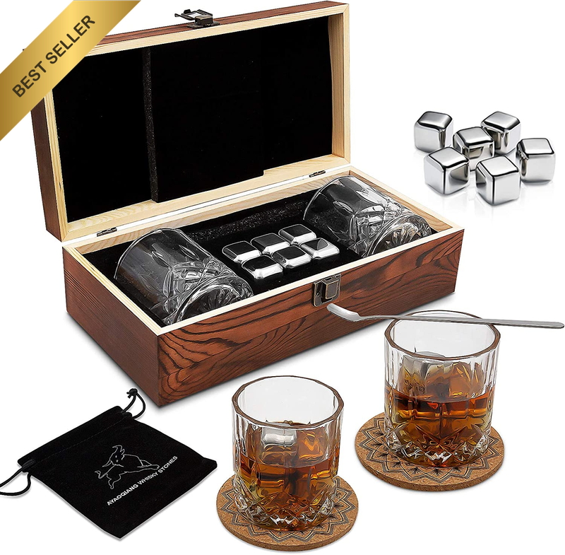 Whiskey Glass & Reusable Steel Ice Cube Gift Set for Men
