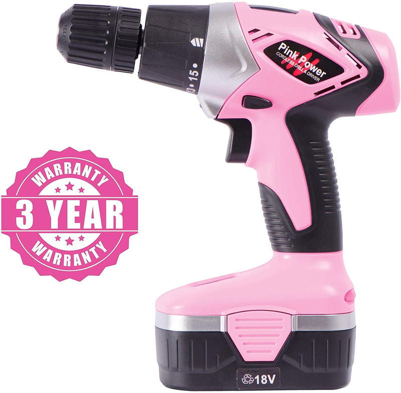Pink Power 18V Cordless Drill Set for Women- Tool Case, 18 Volt Drill , Ch