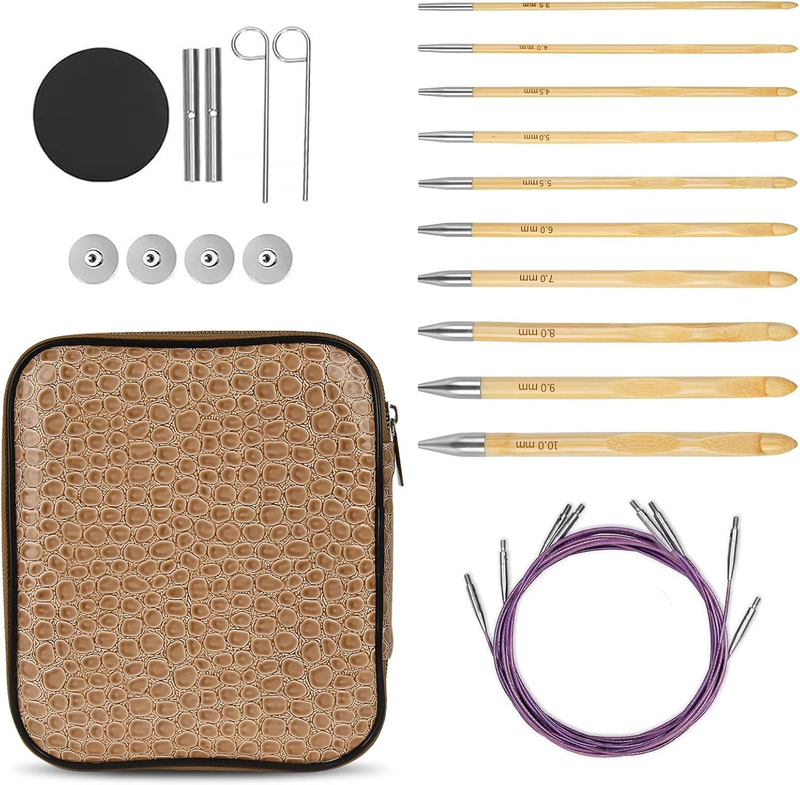 Tunisian Crochet Hooks Set with Cables – 10 Interchangeable Afghan Crochet Hooks (3.5mm–10mm) with 4 Swivel Cords, End Caps, Connectors & Storage Case – Bamboo Crochet Hook Kit for Beginners & Experts