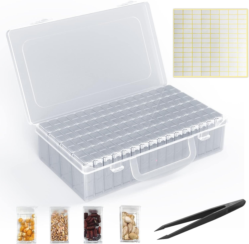 64 Solts Seed Storage Box with 112Pcs Label Sticker and a Tweezers,Diamond Paint