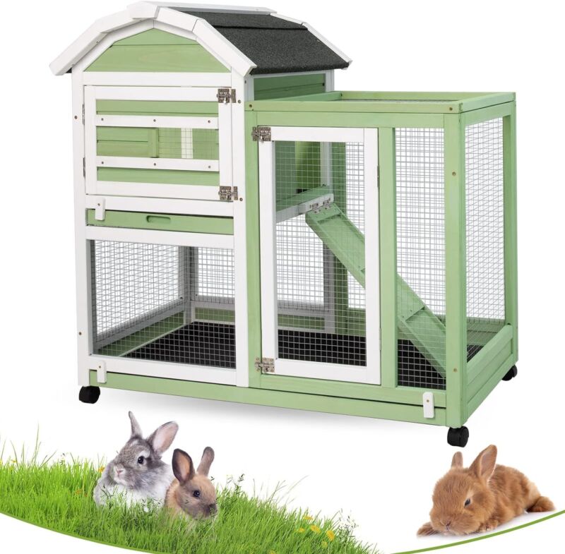 PETSCOSSET 37.52" Rabbit Hutch Bunny Cage Guinea Pig House with Wheels, Green