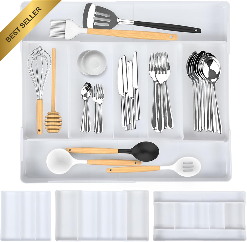 Expandable Cutlery Drawer Organizer 7 Compartments Adjustable White Utensil Tray