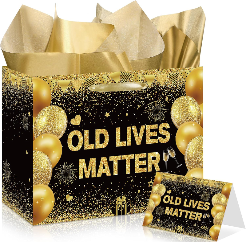 Birthday Gift Bag Set Black Gold Tissue Paper Greeting Card for Men Dad Grandpa