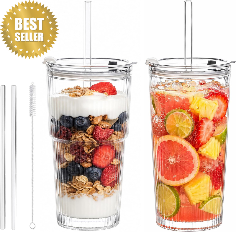 600Ml Ribbed Glass Tumblers 2 Pack with Lids & Glass Straws | Reusable Thick Gla