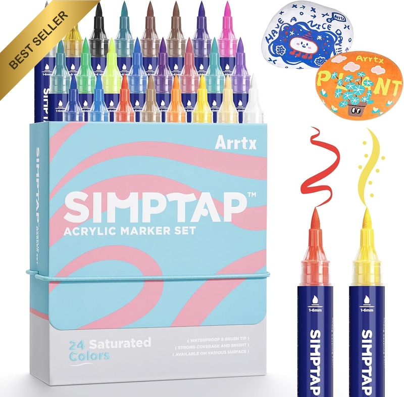 24 Color Acrylic Markers Brush Tip Paint Pens Rock Wood Glass DIY Craft