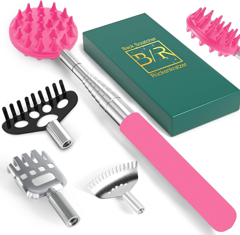 Back Scratcher with 4 Pcs Detachable Heads, Portable Extendable Backscratchers Gifts for Women Men, Stocking Fillers, Metal Stainless Steel Massager/Backslap for Scratching (Pink)