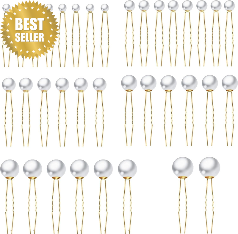 36 Pieces Pearl Hair Pins, 6 Sizes U Shaped Bridal Hair Styling Pins, Gold Bobby