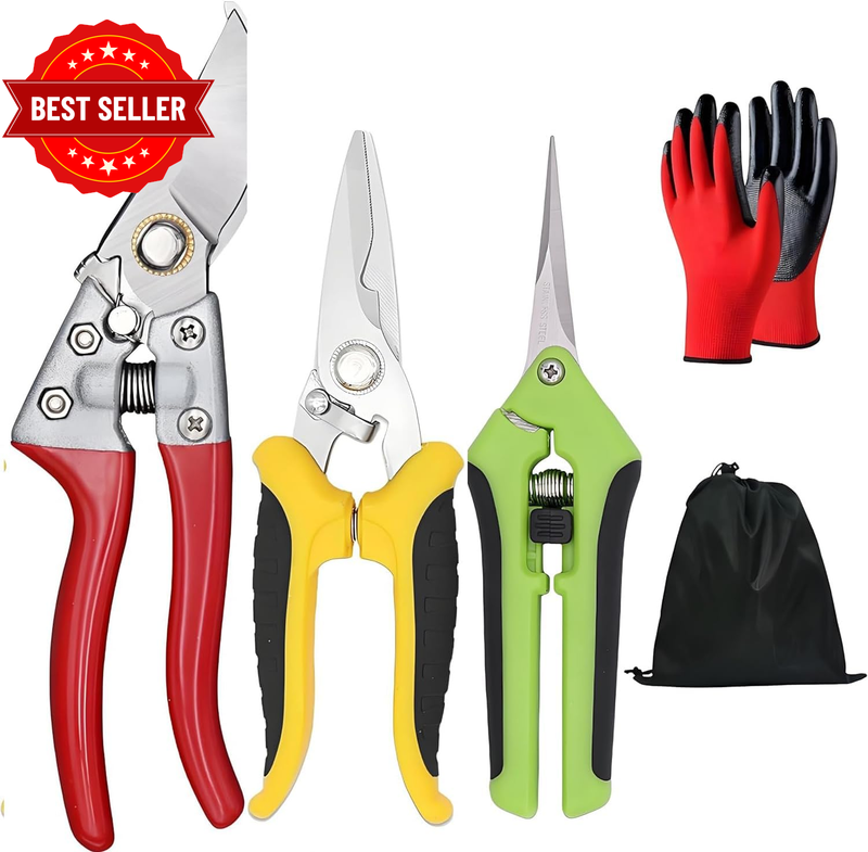 Garden Shears Set with Gloves, High Carbon Steel Pruning Scissors Kit