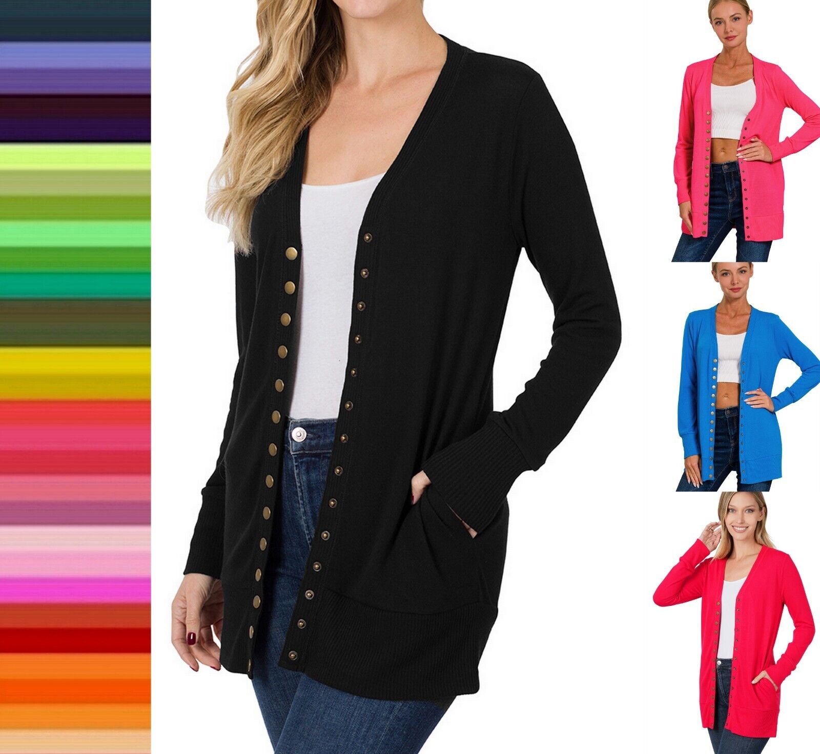 Snap Button Front Long Sleeve Sweater Cardigan Hip Length Snap Button Front Long Sleeve Sweater Cardigan Hip Length