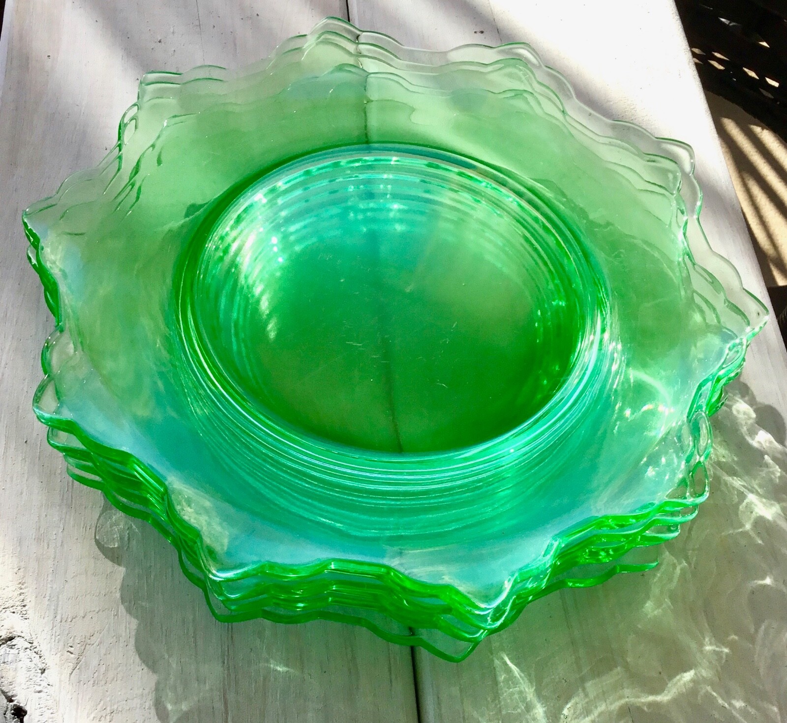 6 Vaseline URANIUM Plate Set Art Deco Tea Room Green GLASS  6”