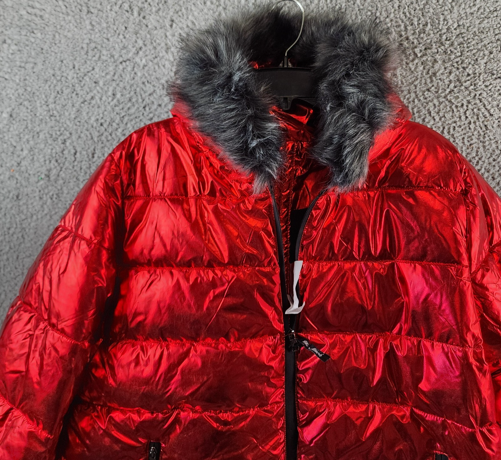 White Mark Plus Size Metallic Puffer Coat with Hoodie Womens 1XL Red Zip Closure - Picture 4 of 17