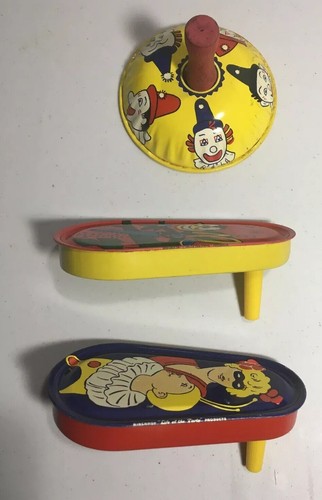 Lot of 3 Vintage Kirchof Noise Makers & Bell Tin Litho Clown Grasshopper