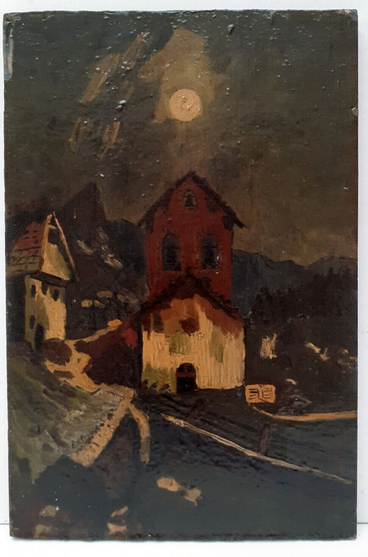 Huile Sur Panneau Bois  25,5 X 17 X 1 Cm- Peinture Tableau Paysage Montagne 1928