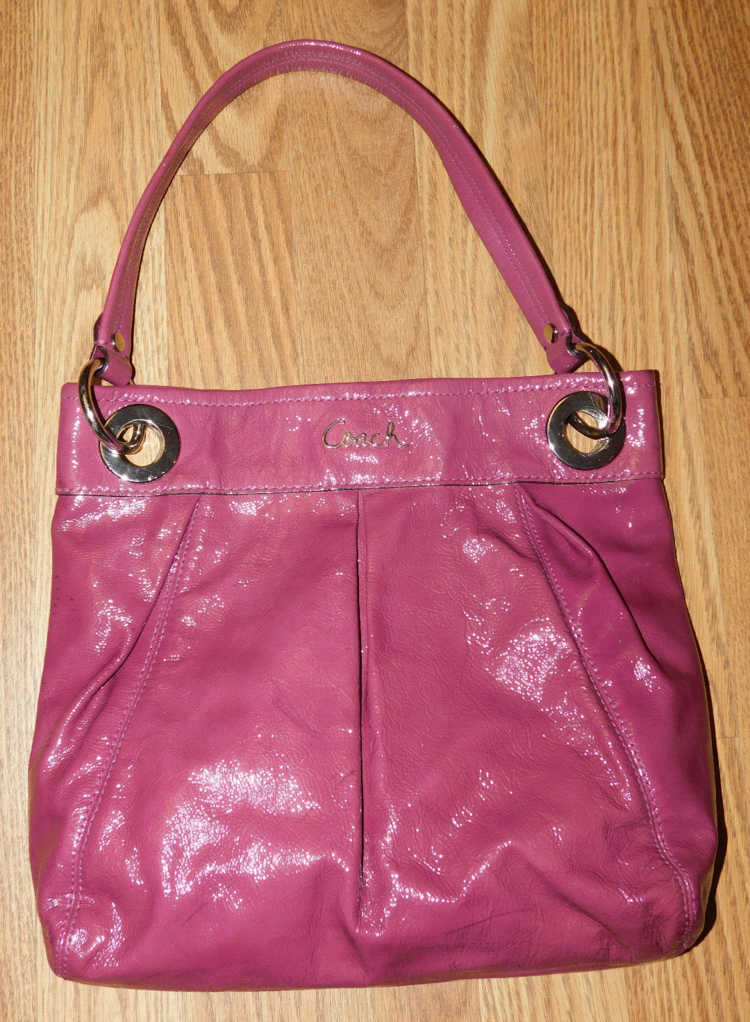 Coach Hippie Patent Leather Purse Bag Tote, Pleated, Pink