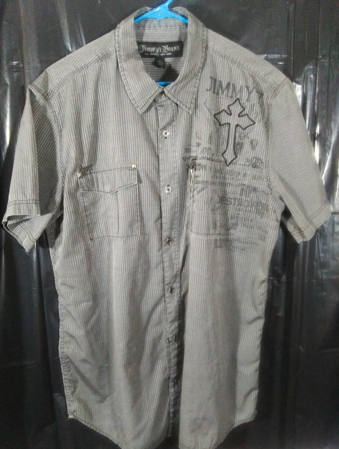 VTG JIMMY'Z Gray White Pin-Stripe Button Shirt L Embroidered
