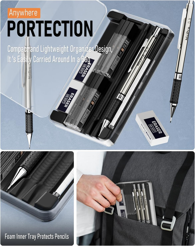 0.9 Mm Mechanical Pencil Set with Case, 3PCS Metal Mechanical Pencils with 6 Tub