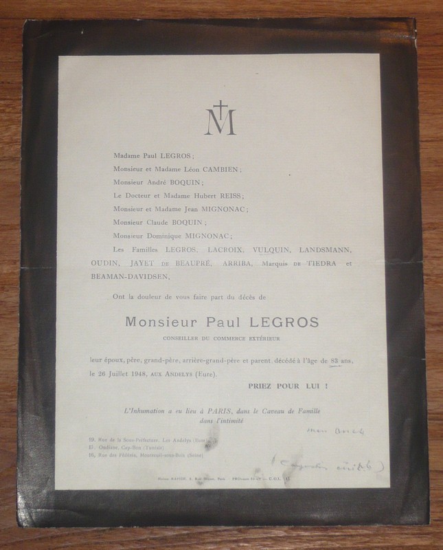 Faire Part Deces Paul Legros Leon Cambien Boquin Reiss Vulquin Landsmann 1948