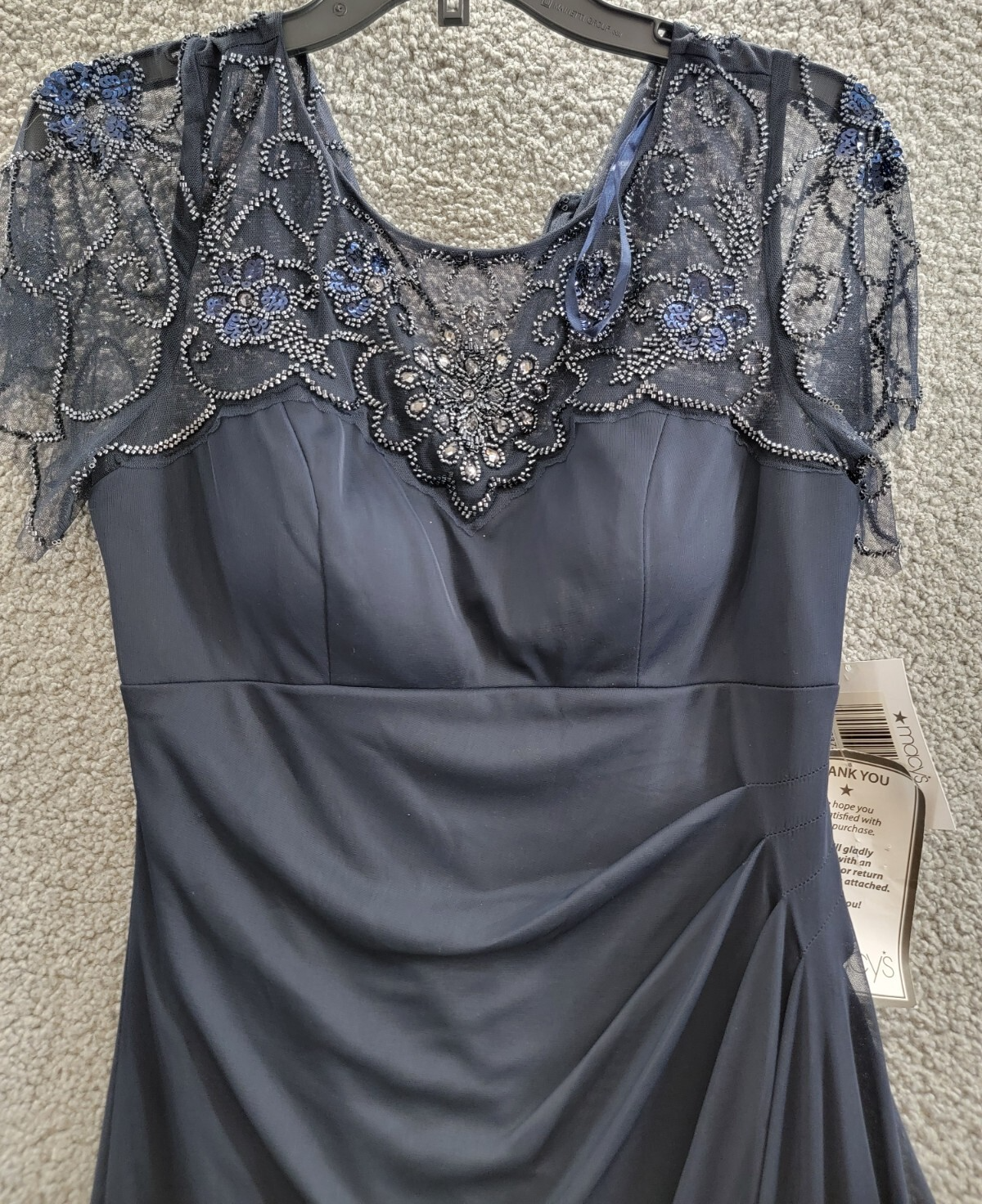 新品 USA BLUE GOWN SMALL…AQP XSCAPE Embellished-Neck Gown Women's 8 Navy Blue Short
