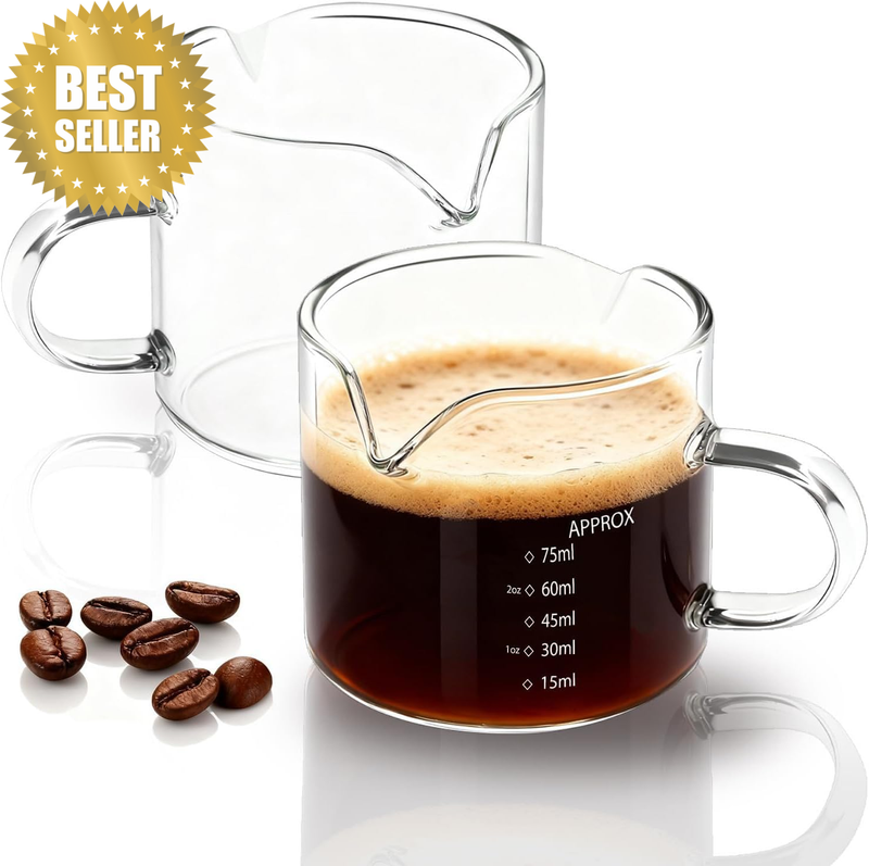 2 Pcs Espresso Cups with Handle, 75ML Espresso Shot Glasses, Measuring Cups with