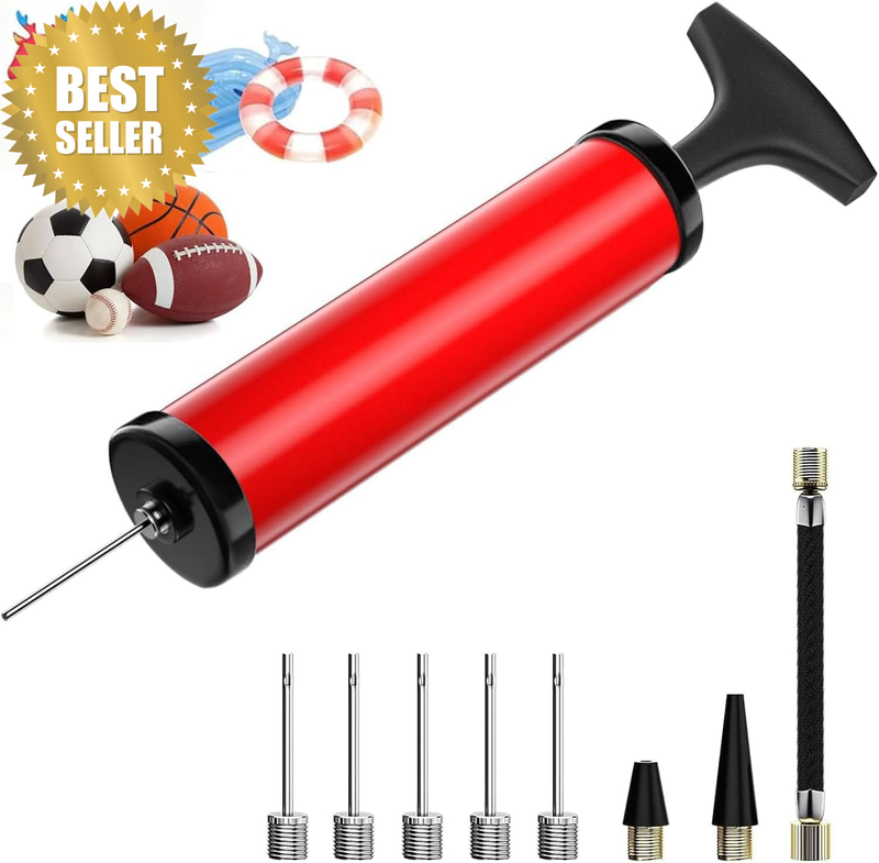 Ball Pump, Sports Ball Pump with 5 Needles, Nozzle, Extension Hose, Push & Pull