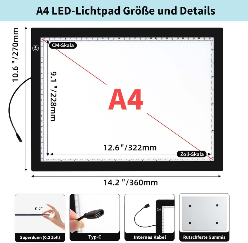 A4 Light Pad for Diamond Art Kits for Adults,0.2" Ultra Thin Light Board with St