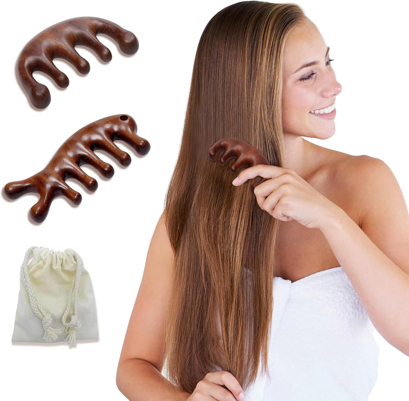 2 Pack Sandalwood Scalp Massage Comb – Wooden Gua Sha Brush for Hair Growth, Lym