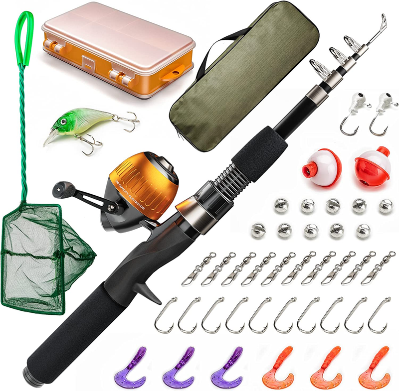 Kids Fishing Pole and Tackle Box - with Net, Travel Bag, Reel and Beginner&rsquo;S Gui