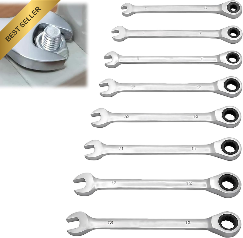 8 Pcs Ratchet Combination Wrench Set, Metric Double-Headed Spanner Set with Open