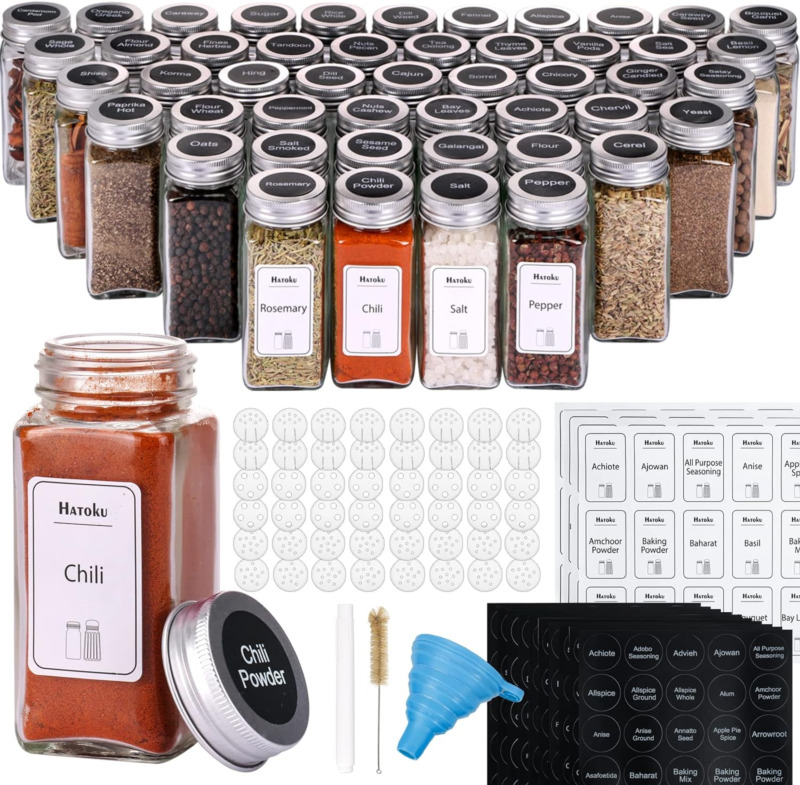Hatoku Glass Spice Jars 48pcs Empty Square Spice Bottles, 4oz Seasoning Containe