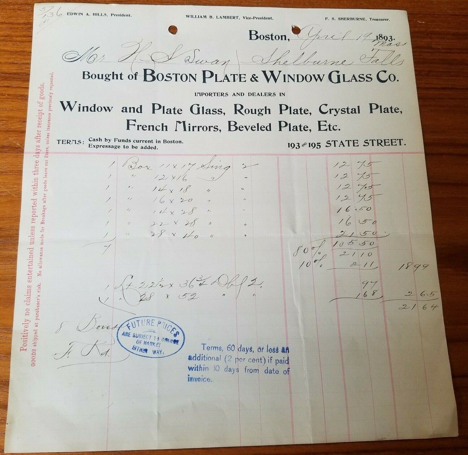 1893 Antique Invoice Boston Plate Window Glass to H. S. Swan o...