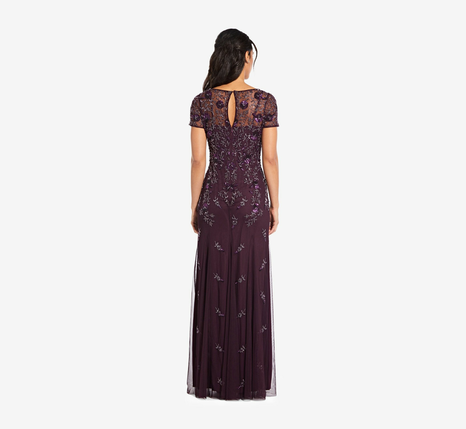 Pre-owned Adrianna Papell Floral Beaded Godet Gown With Sheer Short Sleeves In Night Plum In Purple