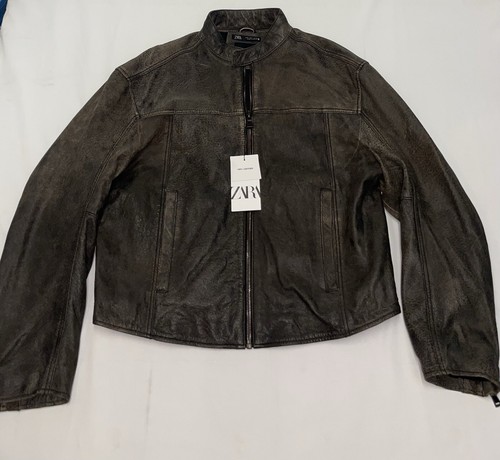 ZARA VINTAGE EFFECT CROPPED 100% LEATHER JACKET SIZE LARGE