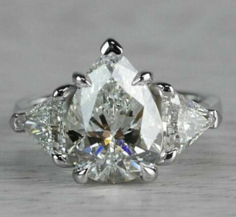 4ct Pear Cut Moissanite D/vvs1 Three Stone Engagement Ring Solid 14k White Gold