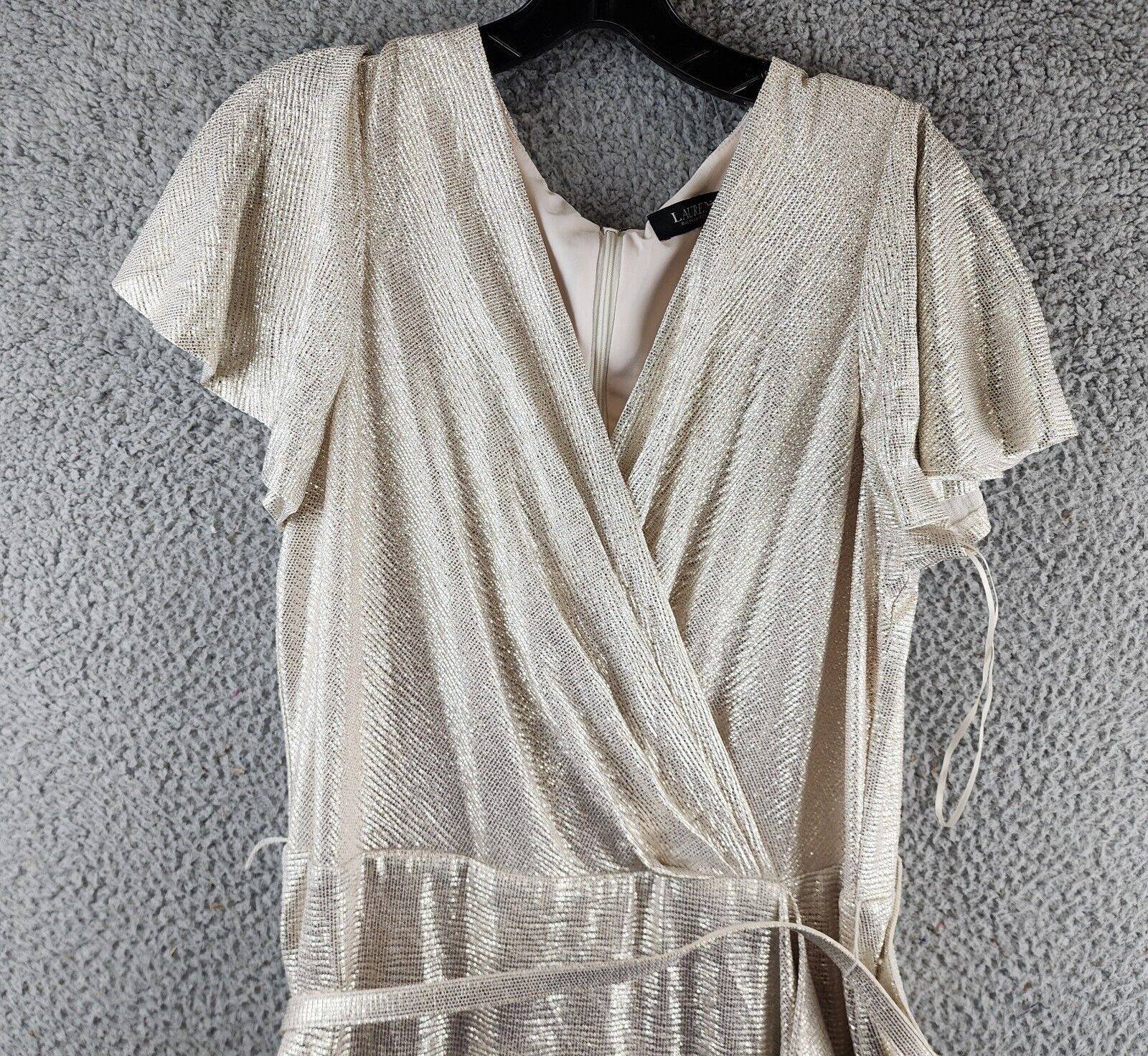 Ralph Lauren Metallic Flutter Sleeves Evening Dress Women 14 Gold V-Neck - Picture 5 of 18