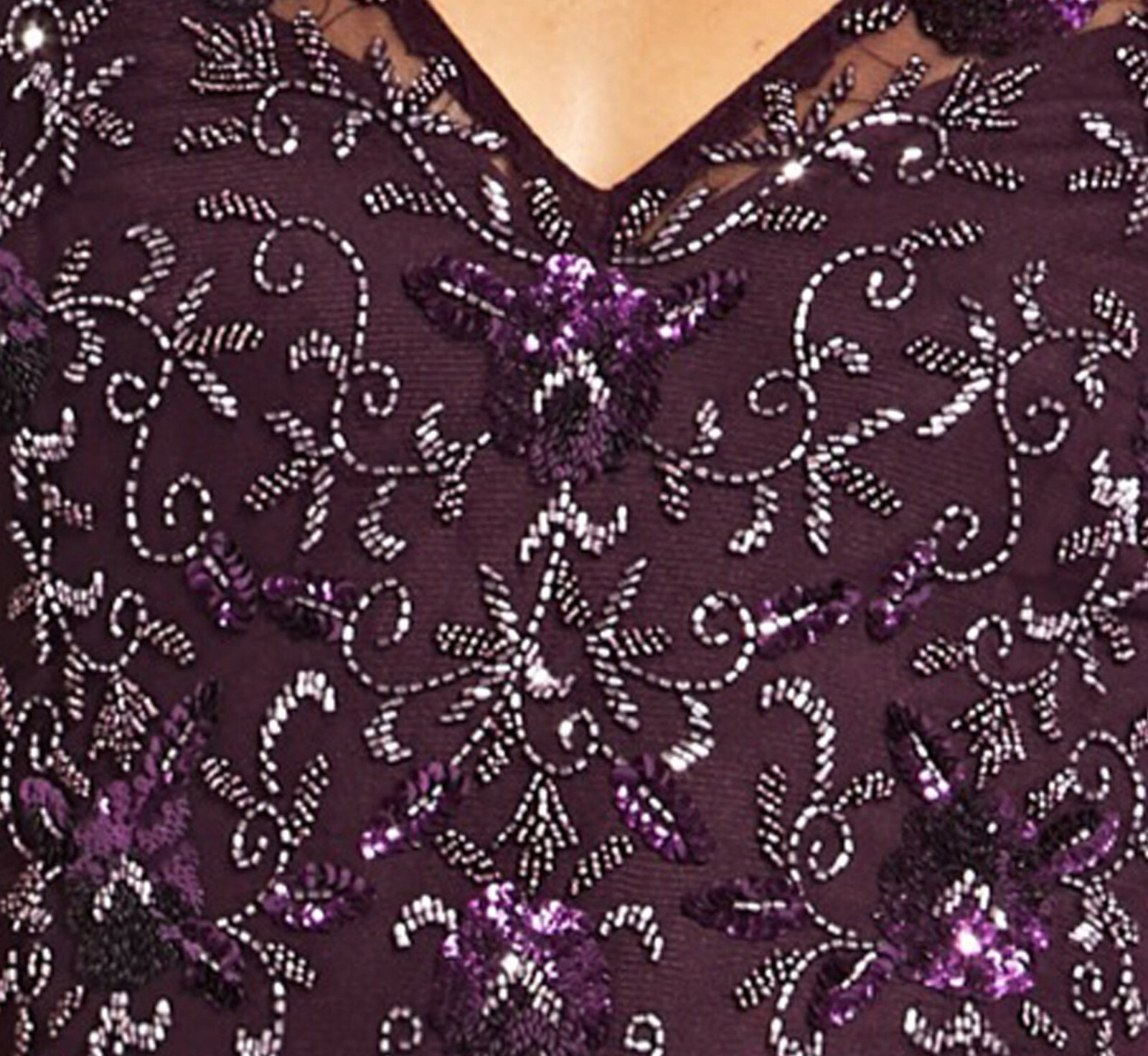 Pre-owned Adrianna Papell Floral Beaded Godet Gown With Sheer Short Sleeves In Night Plum In Purple