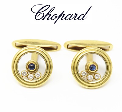 NYJEWEL Chopard 18k Yellow Gold Natural Sapphire Happy Diamond Cufflinks