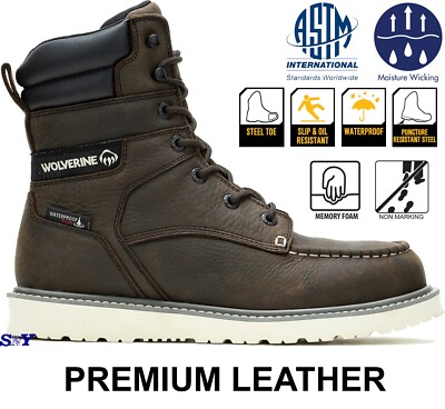 WOLVERINE Men's Waterproof Leather Steel Toe Puncture Resistant Work Boots  wv