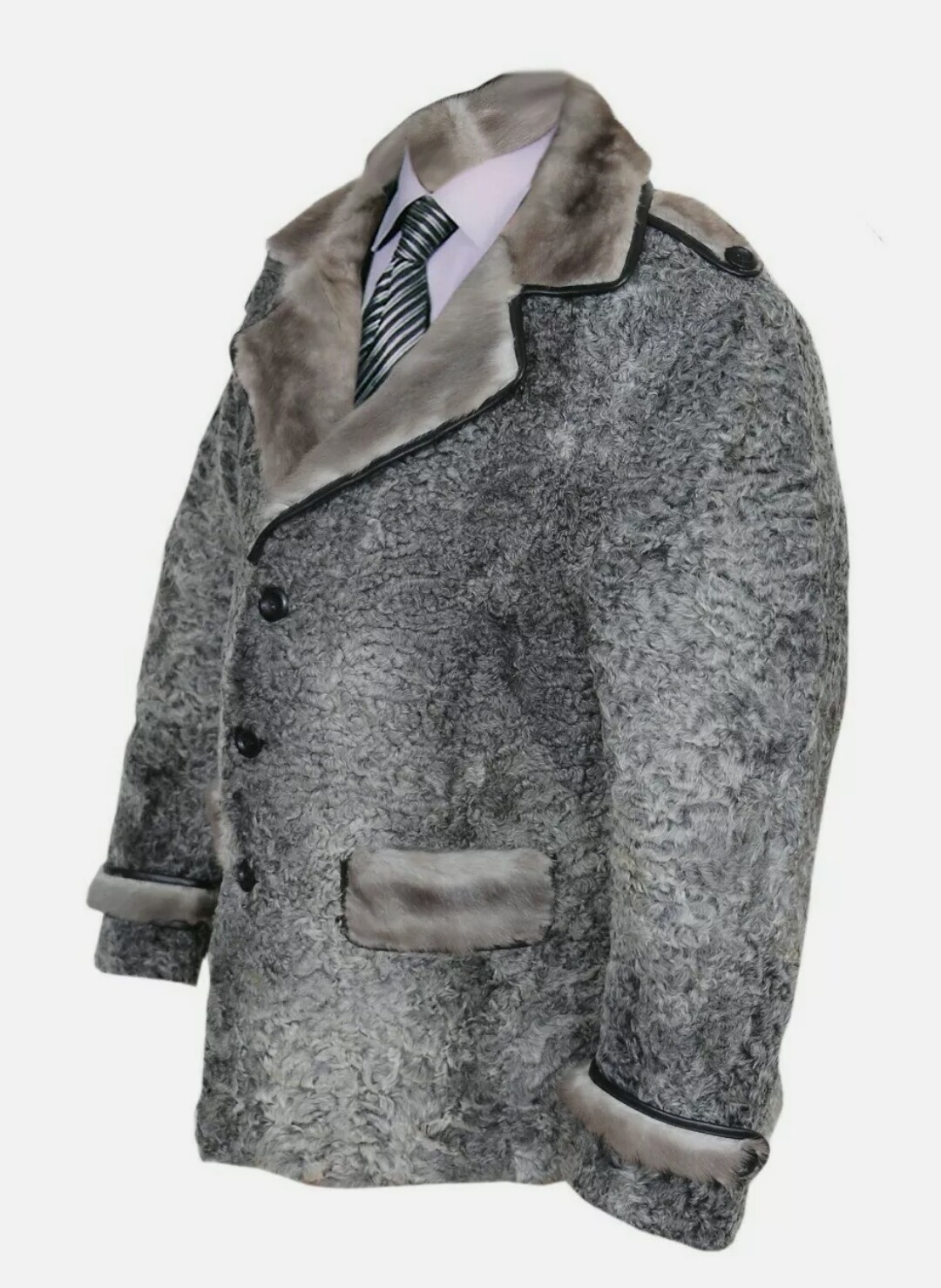 Pre-owned Handmade Gray Real Karakul Fur Coat Real Mink Fur Straps All Sizes