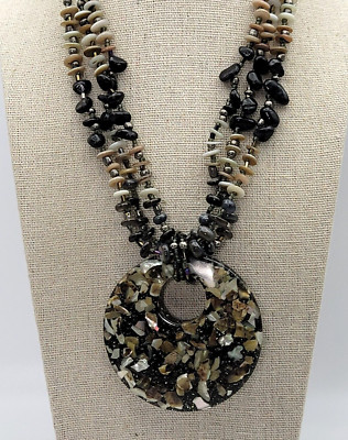 Cg Mother Of Pearl Mosaic Circle Pendant Mop Onyx Beaded Necklace 20 Inch