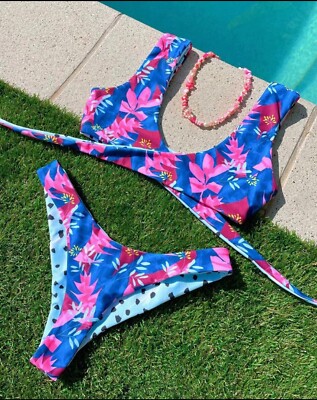 Moana Bikini Women s XL Reversible Floral Dots Bikini Flaw