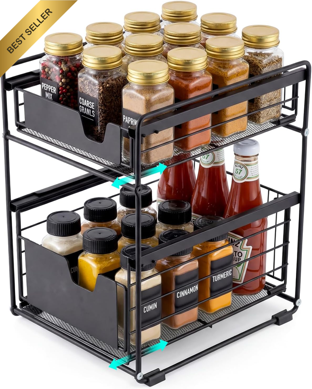 2 Tier under Sink & Pantry Organizer, Sliding Drawer Kitchen Storage Rack, Stain