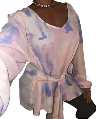 Evri NEW Womens Plus 3X Pastel Pink Blue Watercolor Tie Front Blouse Shirt Top