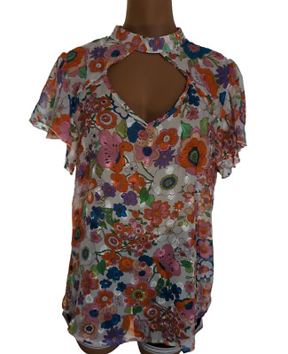 Stem & Vine retro goovy floral sheer top blouse large blue orange pink flowers